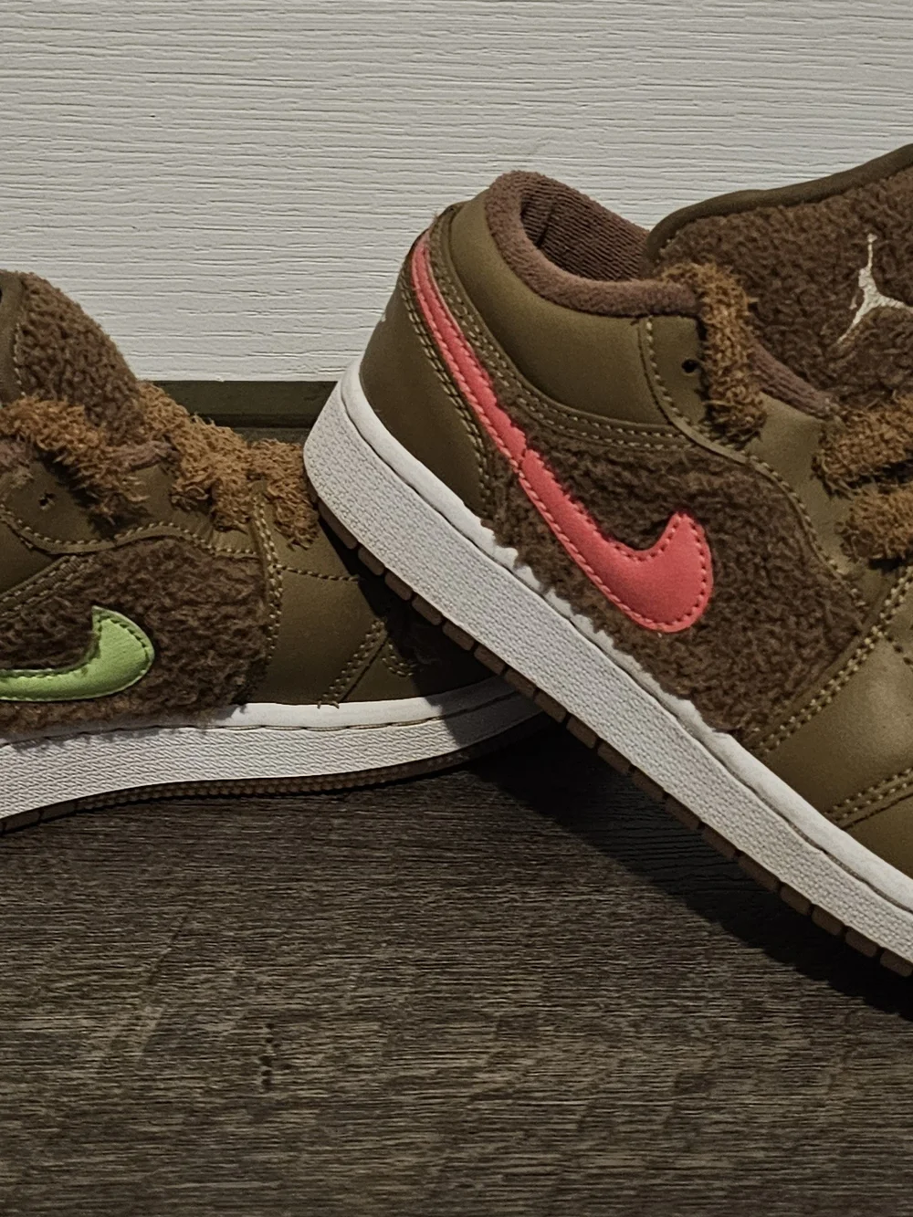 Kids Brown Shearling Sneakers with Blue & Pink Swoosh - Nike